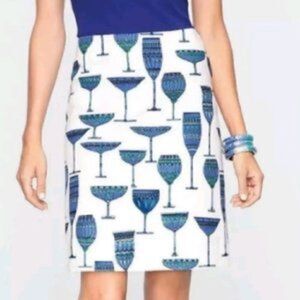 Talbots Petites Blue + White + Green Challis Wine Glass Design A Line Skirt 2P